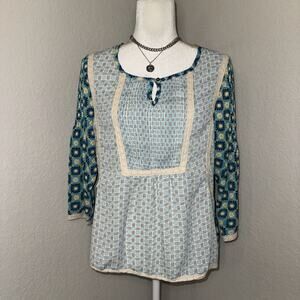 Matilda Jane Peasant Top Women’s Medium Blue Kaleidoscope Boho Keyhole Neck